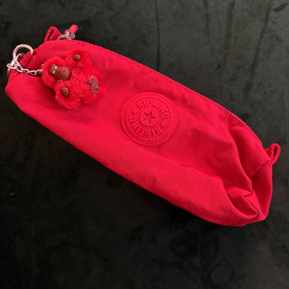 Kipling Freedom Pen Case Red Nylon Pencil Pouch with Monkey Keychain